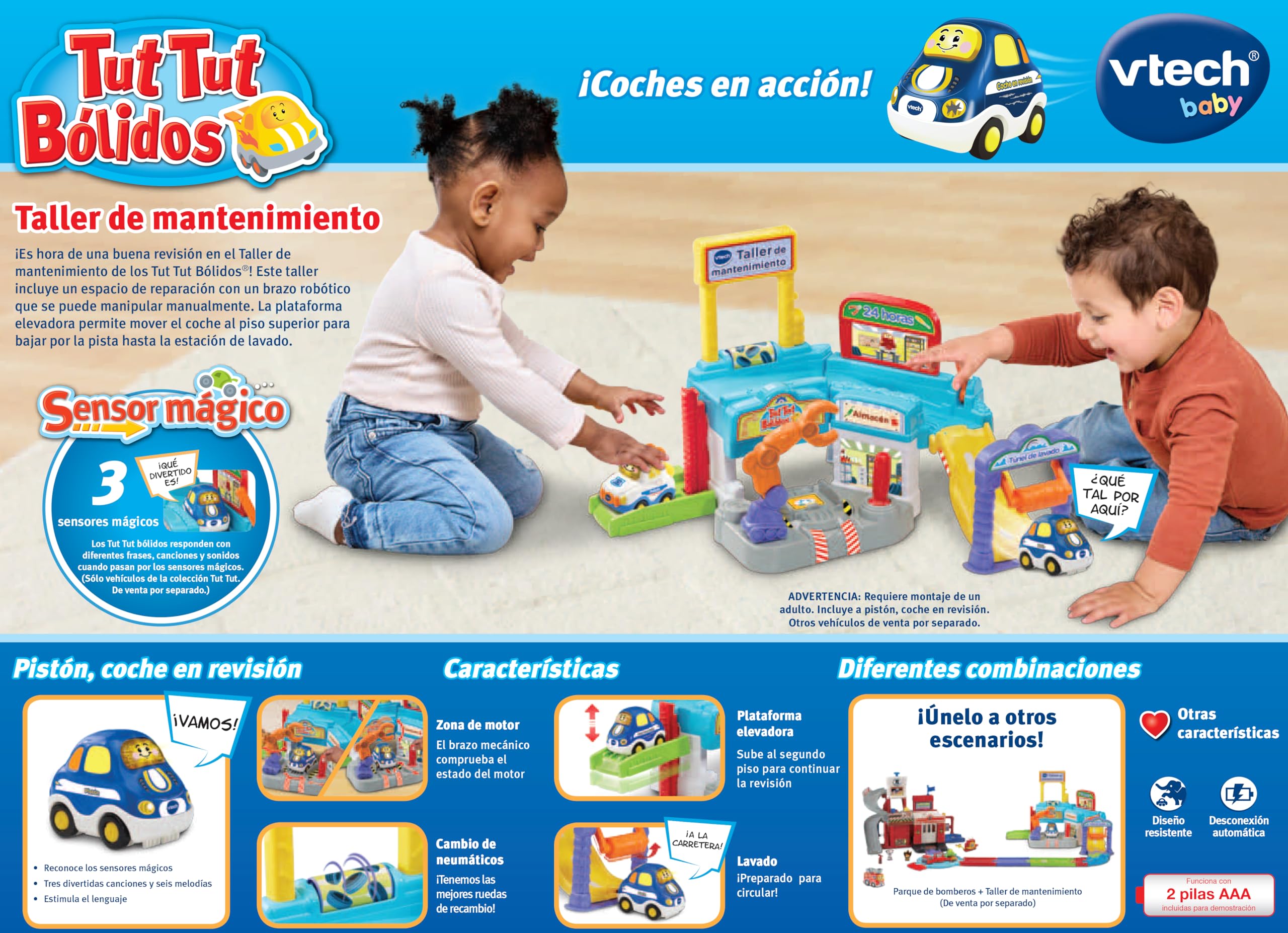 VTech - Taller de Mantenimiento TutTut Bólidos, Circuito y Playset Interactivo de Juguete, Incluye un Coche, Ascensor, Rampas, Túnel de Lavado, Regalo niños +1 año, Versión ESP