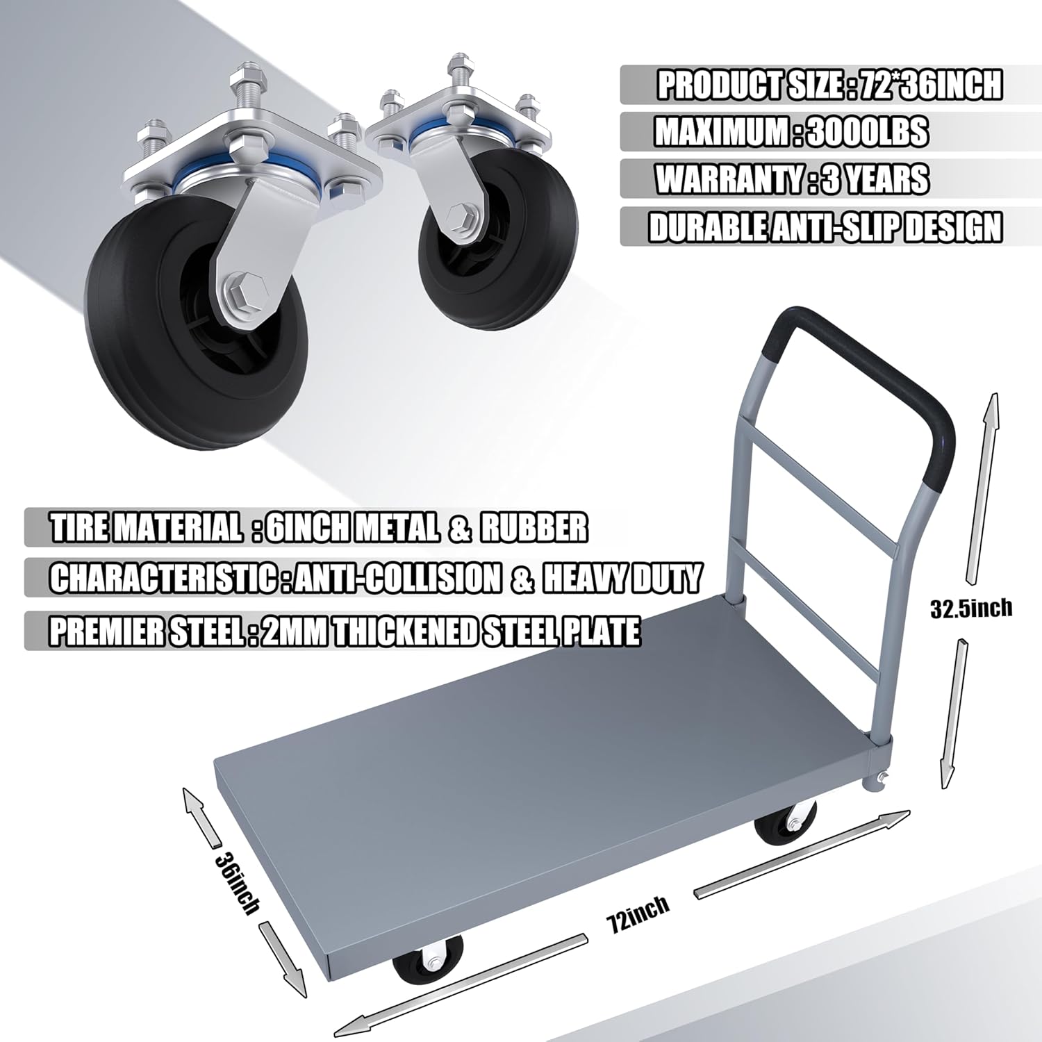 Heavy Duty Flatbed Cart, 3000LB Foldable Platform Truck Industrial Grade Weight Capacity, 36''W*72''L PlatformCart, Steel Hand Push Dolly Cart for Garden, Warehouse＆Yard (36 * 72)