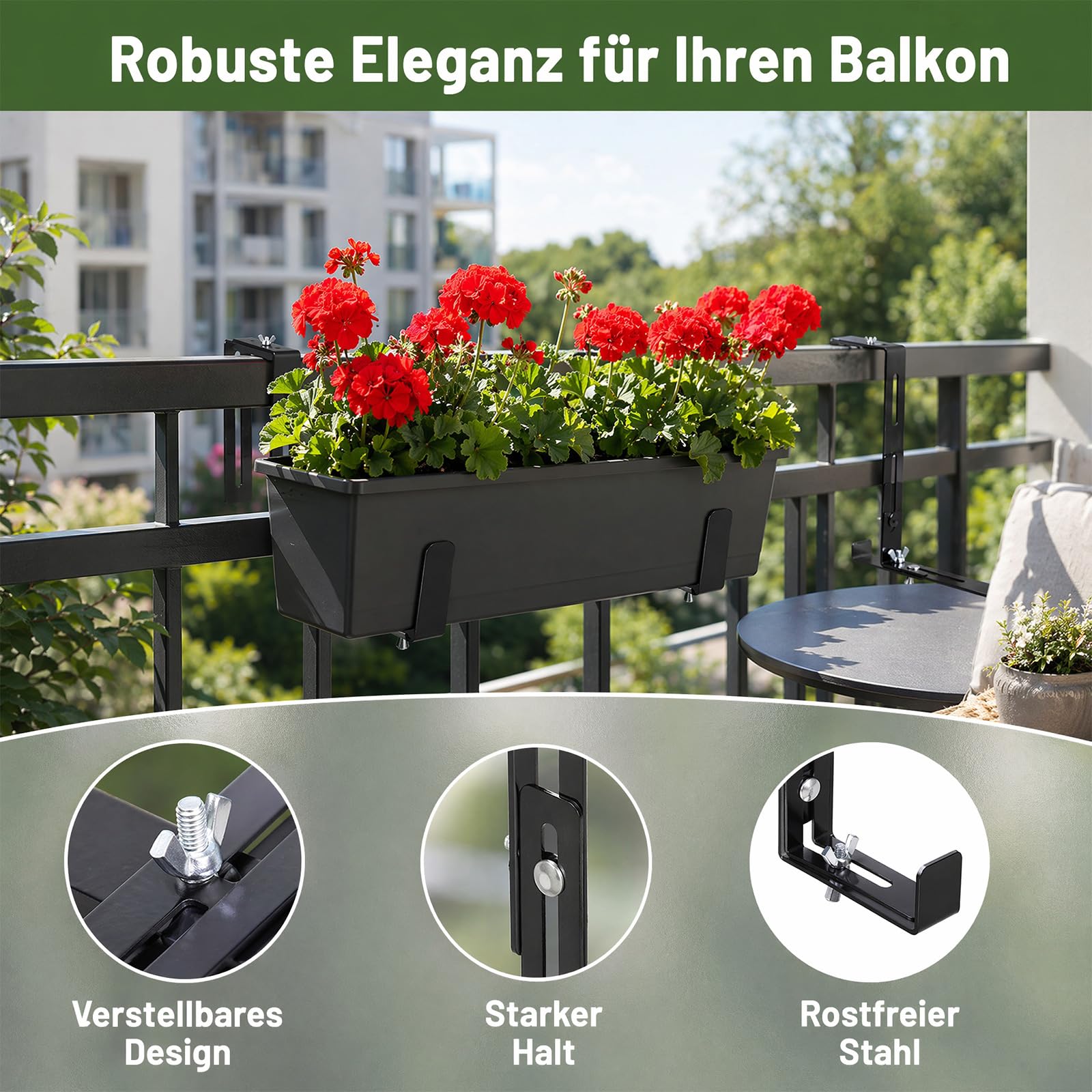 Verstellbare Blumenkastenhalterung 3mm Massiver Stahl fürGeländer bis 21cm | 2 Schwerlast-Halterungen für Große Pflanzkästen – Rostfrei & Wetterfest – Schwarz Geeignet für Balkone, Gärten usw