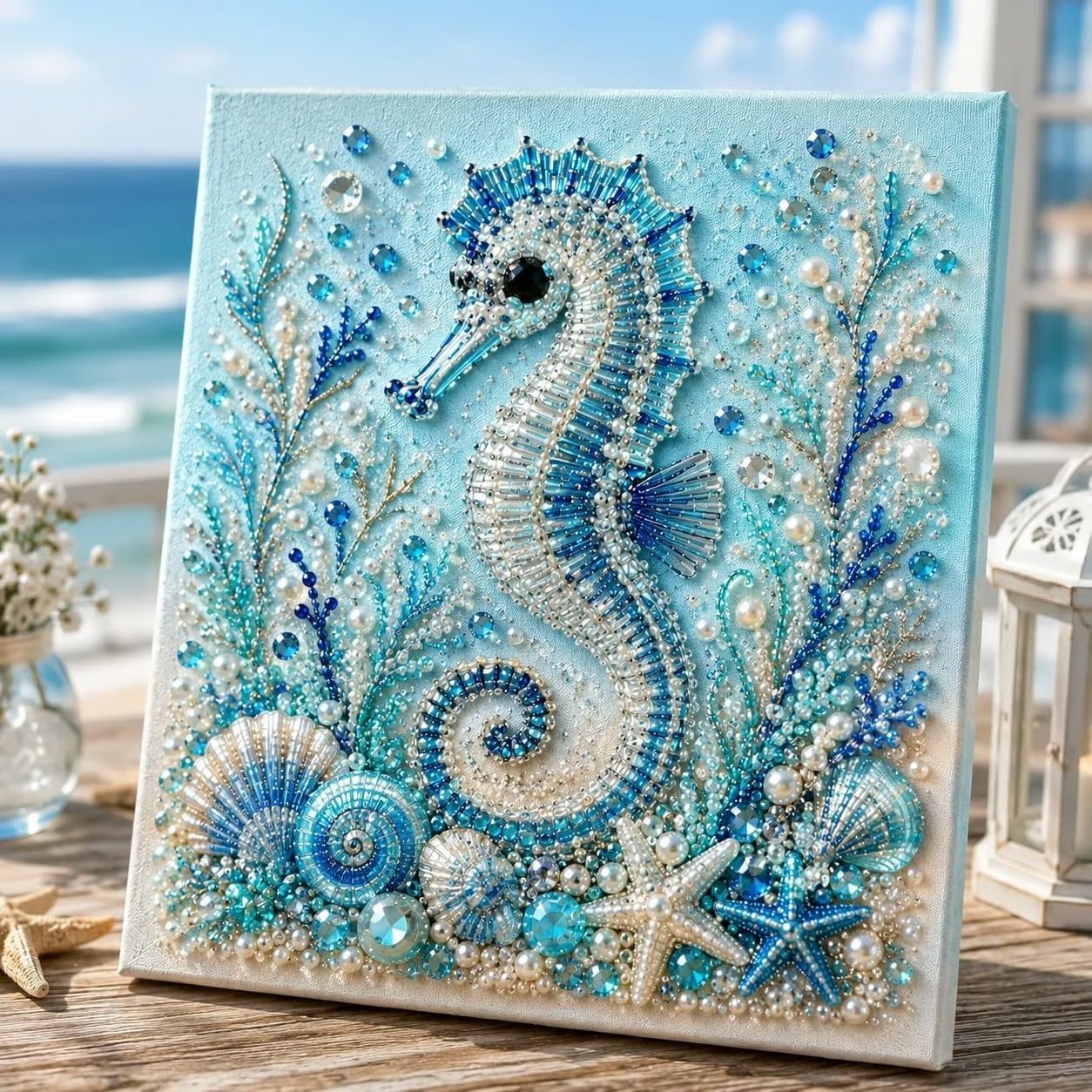 Oceanthemed Pearl Art DIY Kit, Ocean 3D Diamond Painting Craft for Adults, Shimmering Coastal Decor Wall Art with Pearls & Rhinestones, Beginnerfriendly DIY Gift (Style D)
