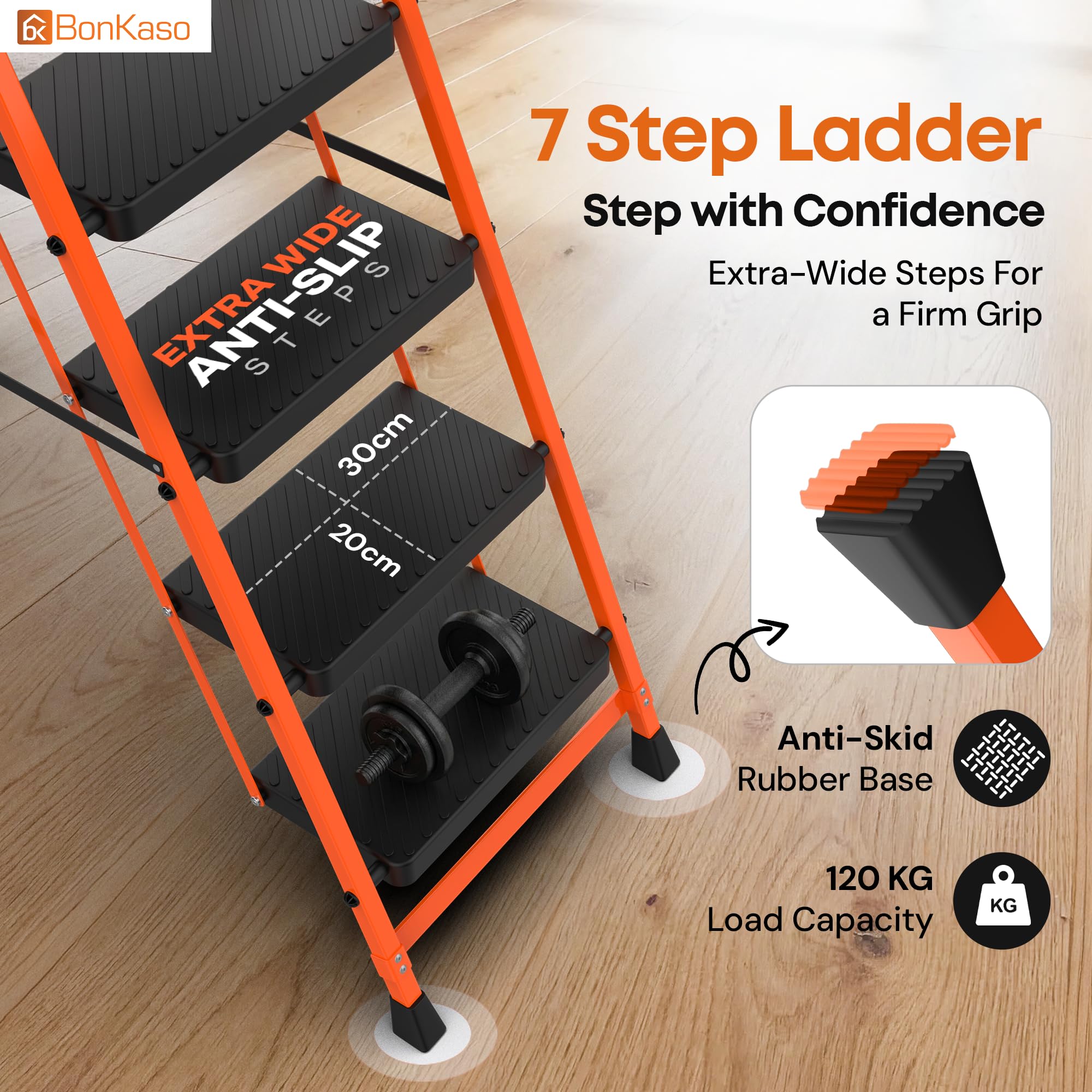 BonKaso Climb Easy 7 Step Foldable Steel Kitchen Ladder for Indoor & Outdoor use with Safety Clutch Lock, Anti-Slip Wide Durable Plastic Steps, Support Handle & Tool Tray (Orange & Black) — Amazon image 2