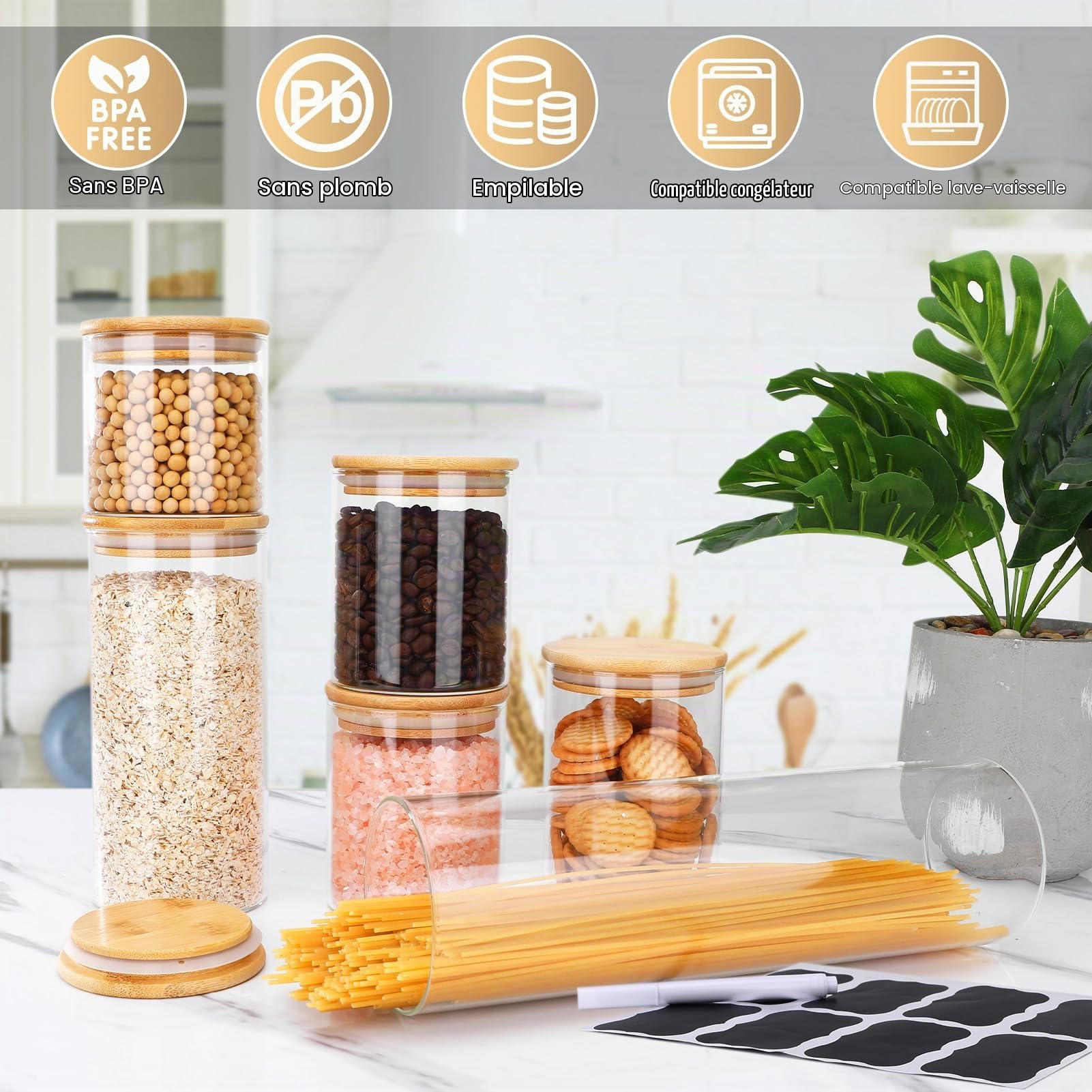 6 Bocal en Verre avec Couvercle, 1330ml/830ml/530ml/2x430ml/330ml, Bocaux en Verre Hermétique, Pot en Verre avec Couvercle en Bambou, Bocaux Rangement Cuisine pour Spaghetti, Pâtes, Céréales
