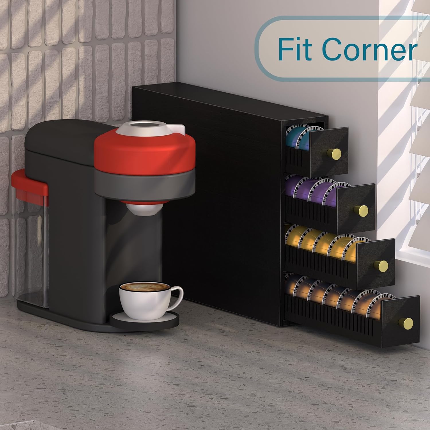 Suli Coffee Pod Drawer Holder,Coffee Pod Organizer for Countertop,Corner Saving Storage for Office, Kitchen, Dorm, Coffee Bar Caddy,72 Pods Large Capacity,Dual Orientation,Black