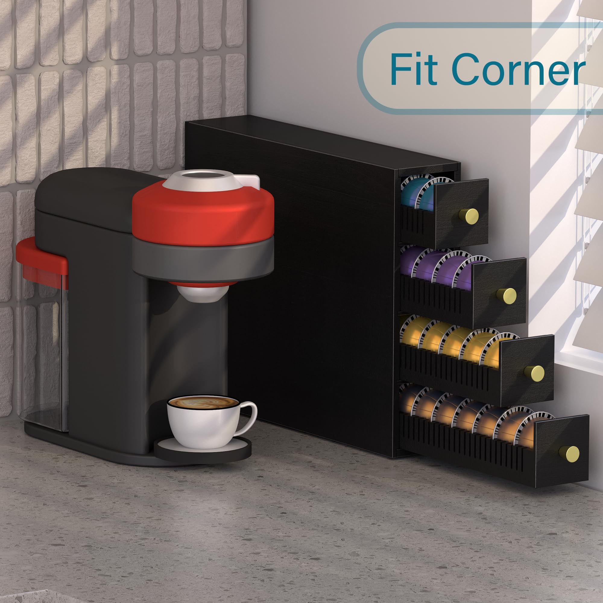 Suli rangement capsule,4 tiroirs,compatible Nespresso,Bois,noir | 52 Capsules Capacité,organisateur de dosettes de café pour comptoir, rangement d'angle pour bureau,dortoir,double orientation