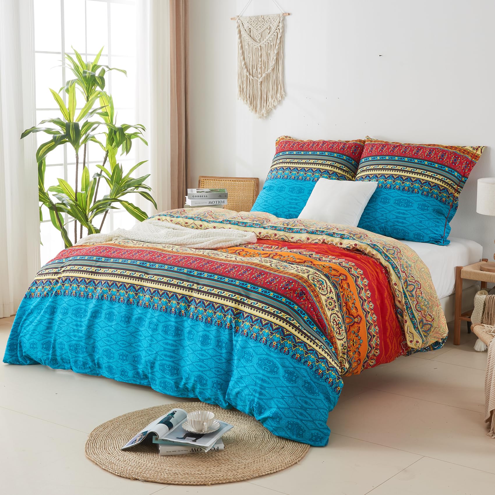 Qucover Set 3PZ Copripiumino Matrimoniale 220x240 cm in 100% Cotone, Biancheria da Letto Due Piazze, e 2 Federe 50x75 cm, Copripiumino Etnico di Stile Boemia