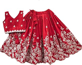 Girls Readymade Crop Top With Lehenga - Taffeta Silk Embroidered Lehenga Choli - Perfect for Ethnic, Party & Wedding - Traditional Dress (RED, 7 TO 8 YEARS)