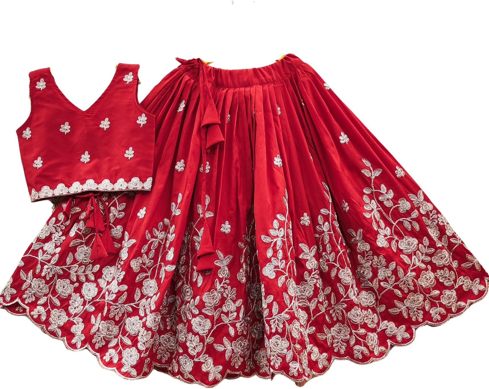 Girls Readymade Crop Top With Lehenga - Taffeta Silk Embroidered Lehenga Choli - Perfect for Ethnic, Party & Wedding - Traditional Dress (RED, 7 TO 8 YEARS)
