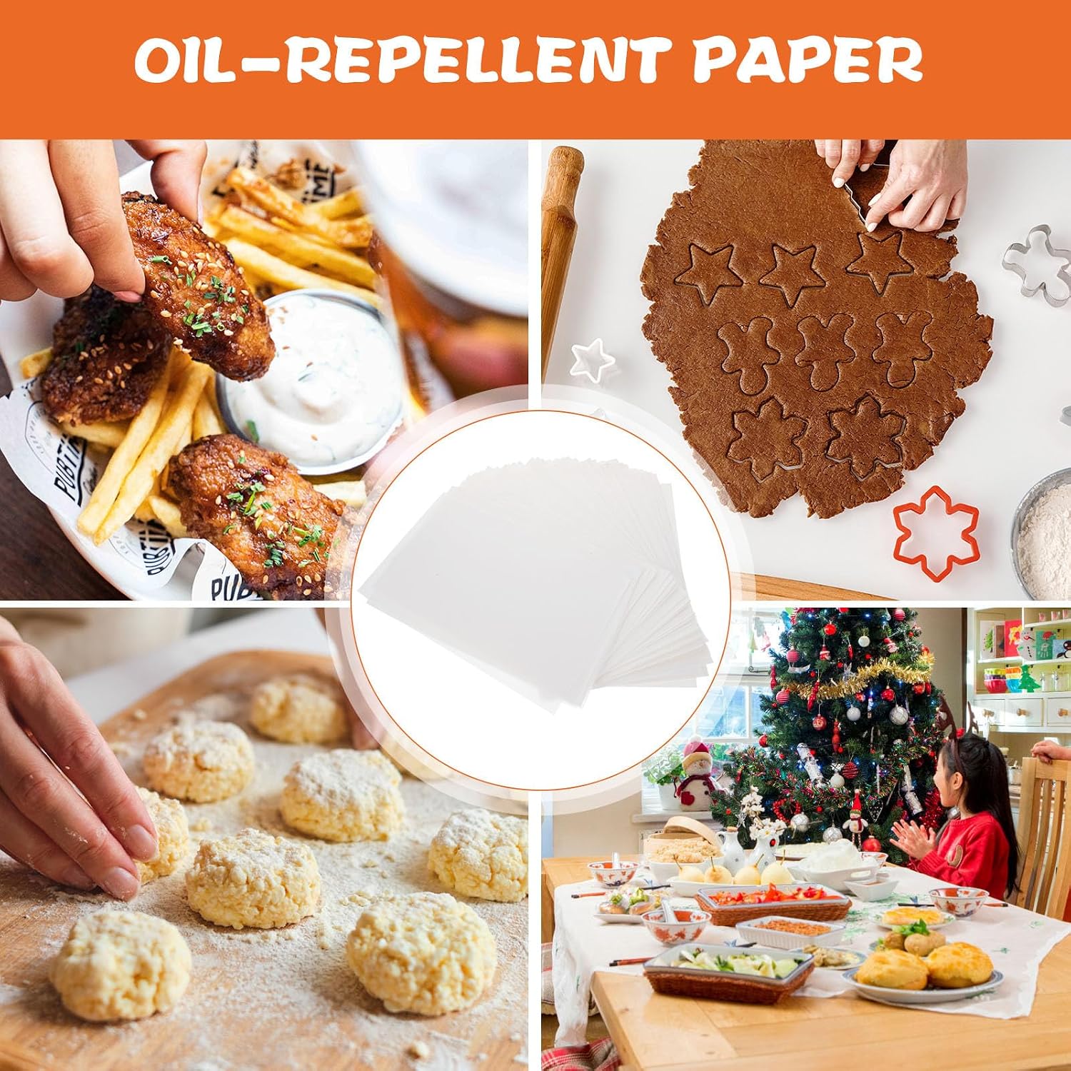 WOONEKY 500 Sheets Food Basket Liners Greaseproof Parchment Paper Sheets Made of Wood Pulp Compact Design to Keep Food Fresh for Restaurants and Cafes