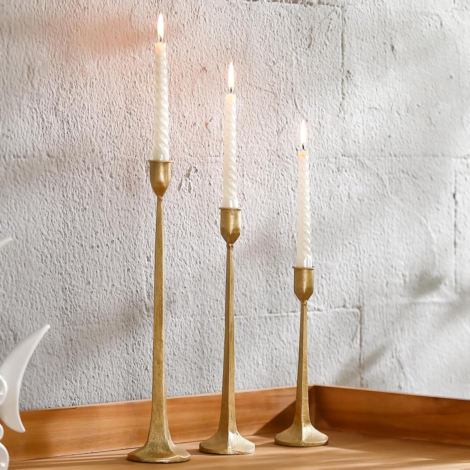 Gold Taper Candle Holders Set of 3, Heavy Candlestick Holders Decorative Candle Stand for Table Centerpiece, Cast Iron Candle Stick Holder Decor