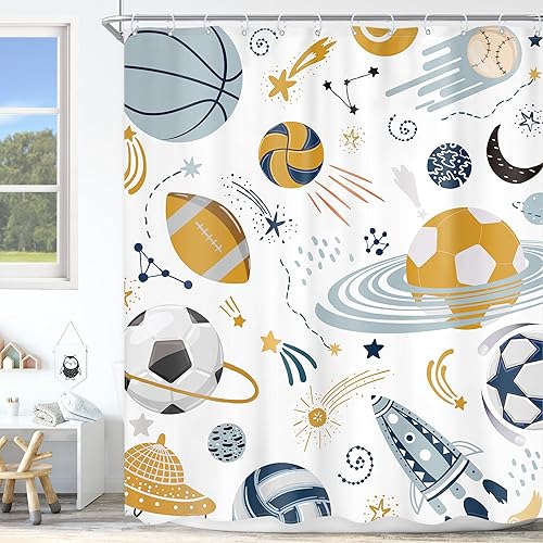 Miniatura 9 de Ufeela Cortina de ducha para niños, diseño de planeta de dibujos animados, universo lindo, galaxia, espacio y luna, juego de cortina de baño con