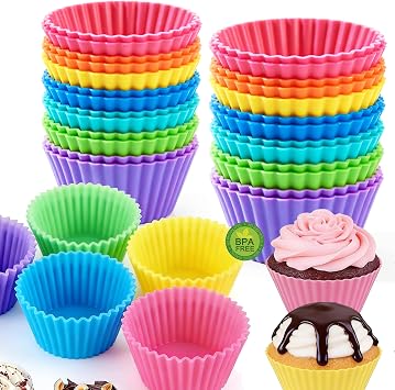 Reusable Non-Stick Silicone Baking Cups, Food Grade BPA Free Cupcake Muffin Liners, Oven & Dishwasher Safe Easy Release, Multicolor Rainbow, 24 Pack, for Muffins Cupcakes