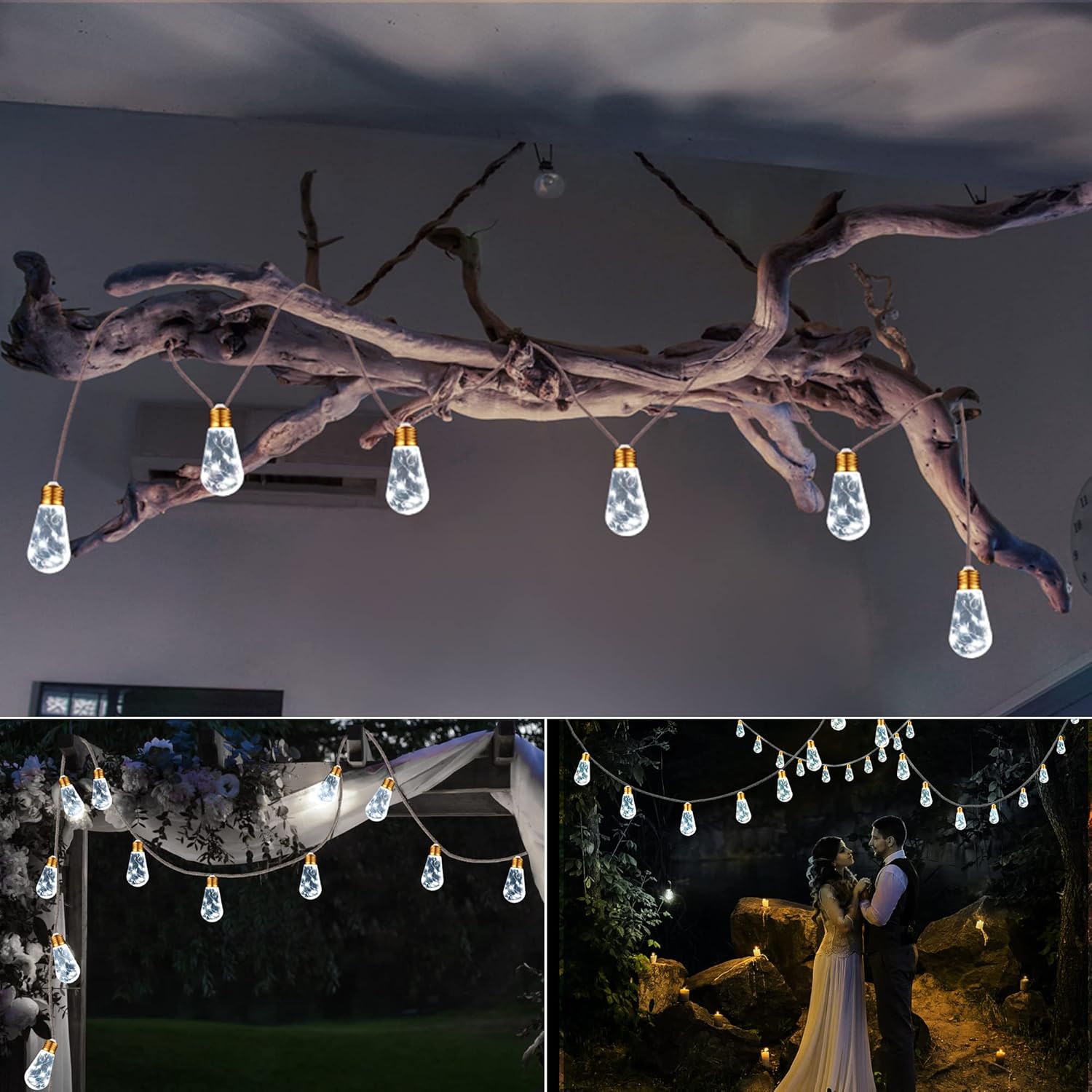 Solar Outdoor String Lights, 2 Pack 20Ft Vintage Rope Hemp Solar Patio Lights, Waterproof White Solar Powered String Lights With 8 Modes 16 Shatterproof Bulbs for Garden Stairs Balcony Café Bistro
