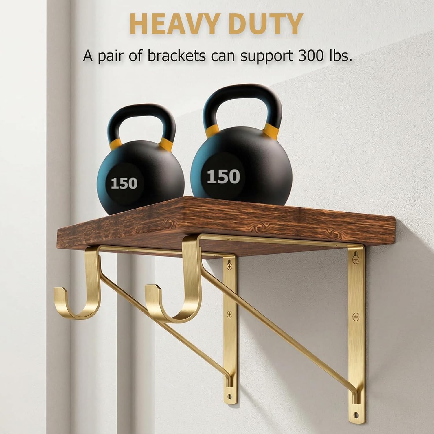 4 Pack Heavy Duty Closet Shelf and Rod Brackets, 11x10 Inch Gold Metal Shelf Brackets with Rod Holder for 12" Wood Boards, Wall Mounted Center Support Bracket for Walk-in Closet & Laundry Room