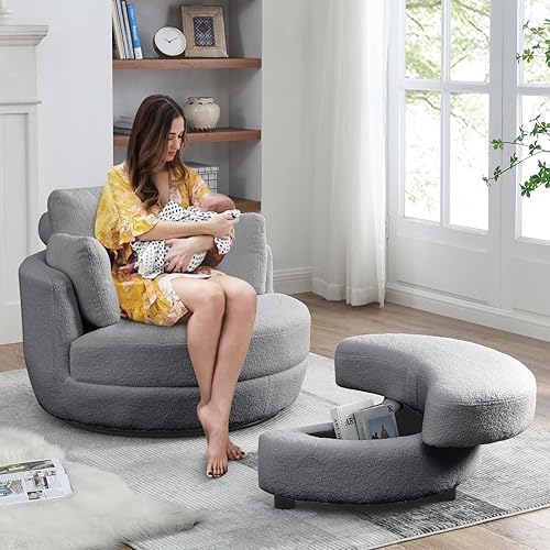 Miniatura 3 de Silla giratoria con otomana de almacenamiento en forma de media luna, moderno club de tela de peluche, sofá individual giratorio de 360 grados,