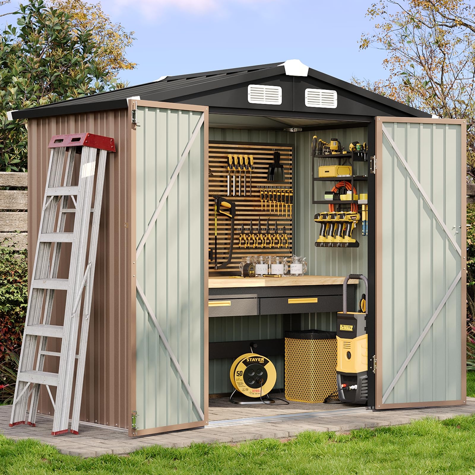 Aoxun 6x4 FT Shed Outdoor Storage Shed with Base Metal Garden Shed with Lockable Doors & Slooping Roof Tool Shed Bike Shed for Backyard, Patio, Poolside (Brown)