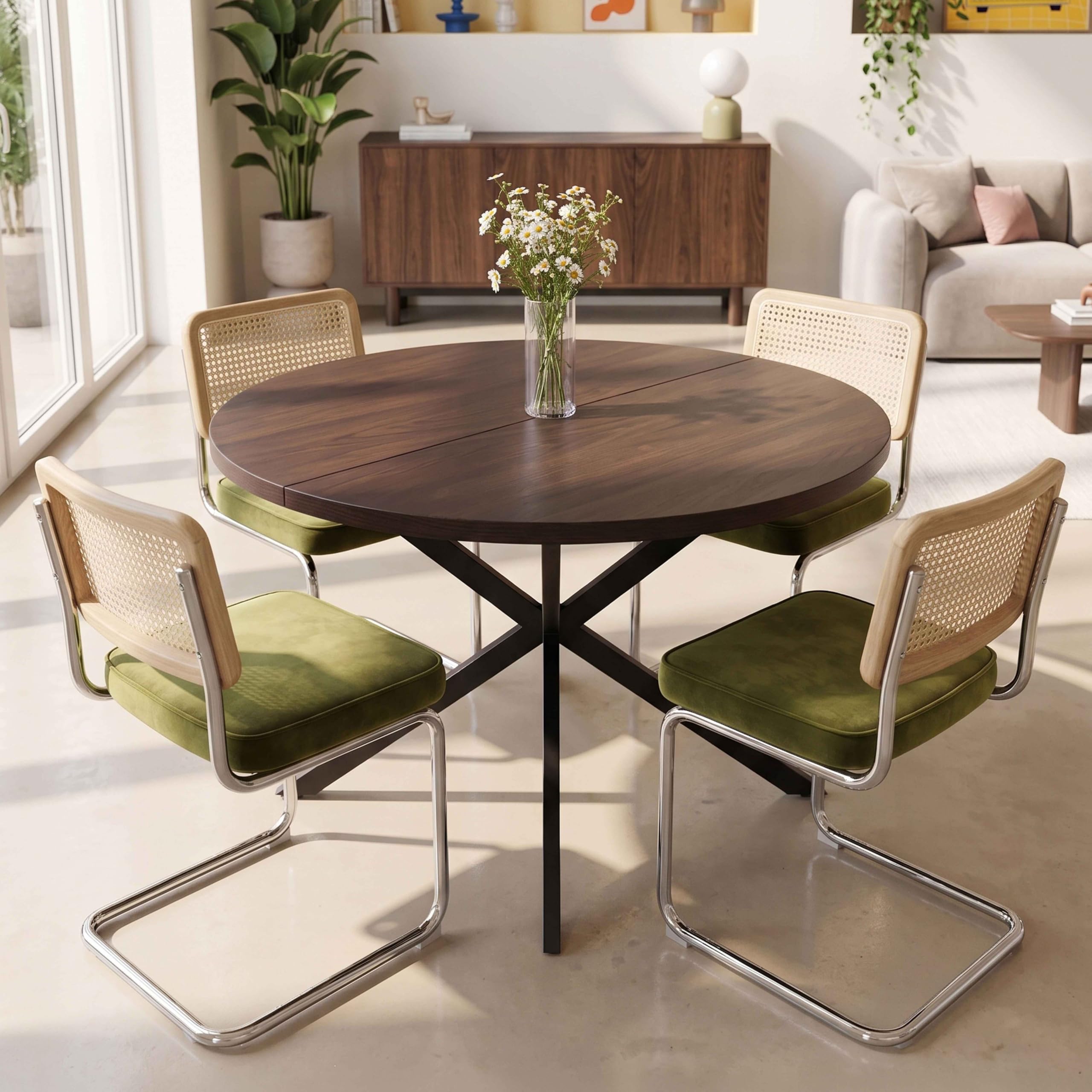 Table à manger ronde extensible en MDF et aluminium noir et bois foncé