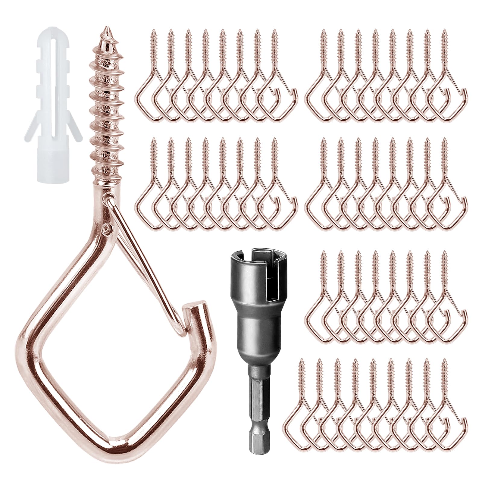 Ticway 50 Pcs Outdoor Hooks for String Lights,Screw Hooks for Hanging Plants,Ceiling Hooks with Safety Buckle,Square Hanger for Wind Chimes,Bird Feeder,Lanterns,Christmas Decorations (Rose Gold)
