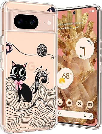 Unov for Pixel 8 Case, Clear with Design, Slim Fit Good Grip, Embossed Phone Case, Shockproof Protective Cover, Raised Camera Protection, Soft TPU, Black Cat