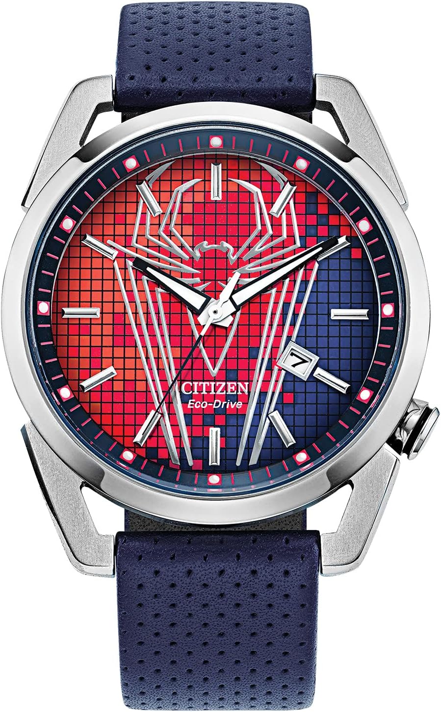 Eco-Drive Men's Marvel Spider Man Watch in Stainless Steel with Blue Polyurethane Strap, Spider Man Art Blue Dial, 3-Hand Date, 42mm (Model: AW1680-03W)