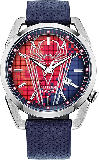 ساعة Citizen Eco-Drive Marvel Spider Man للرجال من الفولاذ المقاوم للصدأ مع حزام من البولي يوريثين الأزرق، قرص Spider Man Art Blue، تاريخ بثلاثة أيادي، موديل AW1680-03W مقاس 42 مم