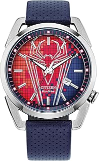 Eco-Drive Men's Marvel Spider Man Watch in Stainless Steel with Blue Polyurethane Strap, Spider Man Art Blue Dial, 3-Hand Date, 42mm (Model: AW1680-03W)