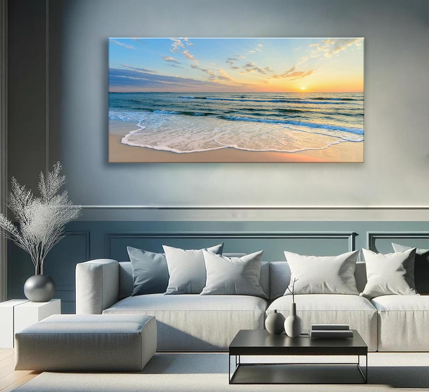 Sunset Ocean Beach Canvas Wall Art Living Room Ocean Picture Coastal print poster Blue Seascape Theme wall decor Modern Coastal Seascape Painting Seaside Artwork for Home Bedroom Framed blue 48"L x 24"W