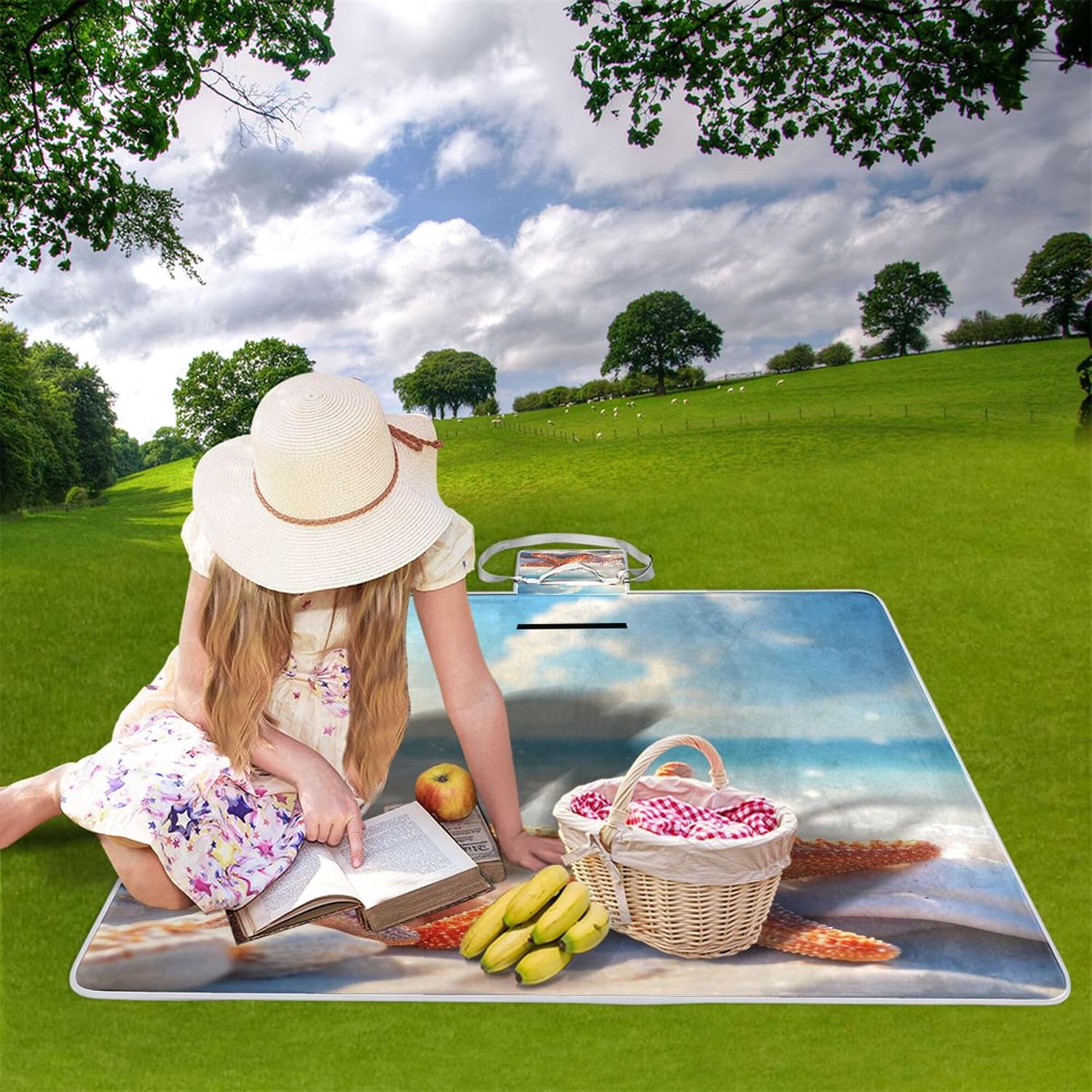 MNSRUU Picnic Blanket Waterproof Foldable, Starfish Beach Large Outdoor Picnic Blanket Beach Blankets Camping Blanket Travel Mat, Shoulder Strap Tote, Rectangle 57x59in