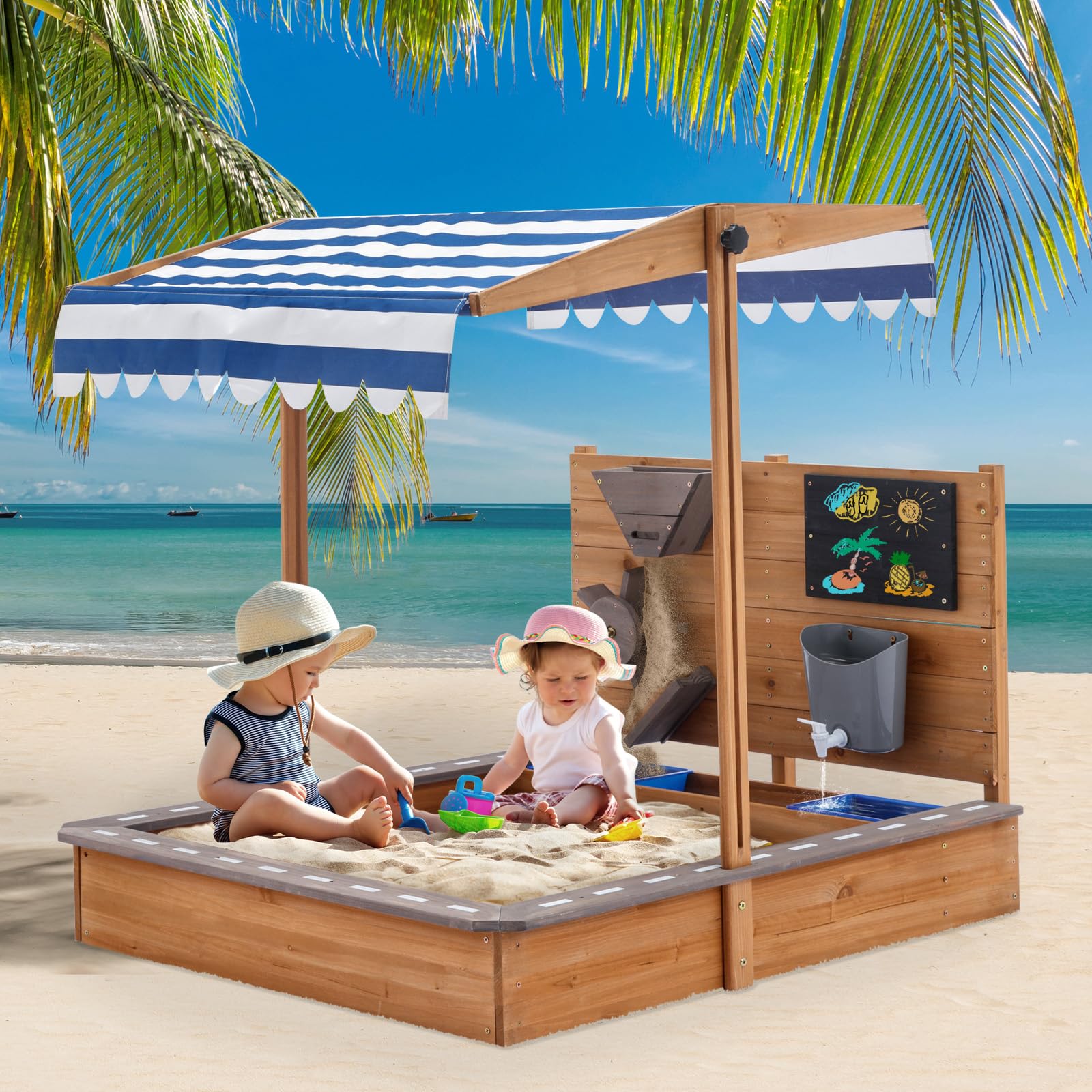 Sandkasten mit Abdeckung, Großer Kinder-Sandkasten aus Holz mit Bring Strandspielzeug, Sandkasten mit Dach für Strand, Garten (103 x 114 x 110 cm)