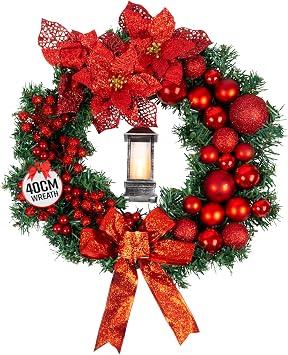 GloBrite 40cm Christmas Wreath with Bows, Baubles & Lantern | Wreaths for Front Door | Door Wreaths Home Decor Christmas Decorations for Outdoor Decorations - Red