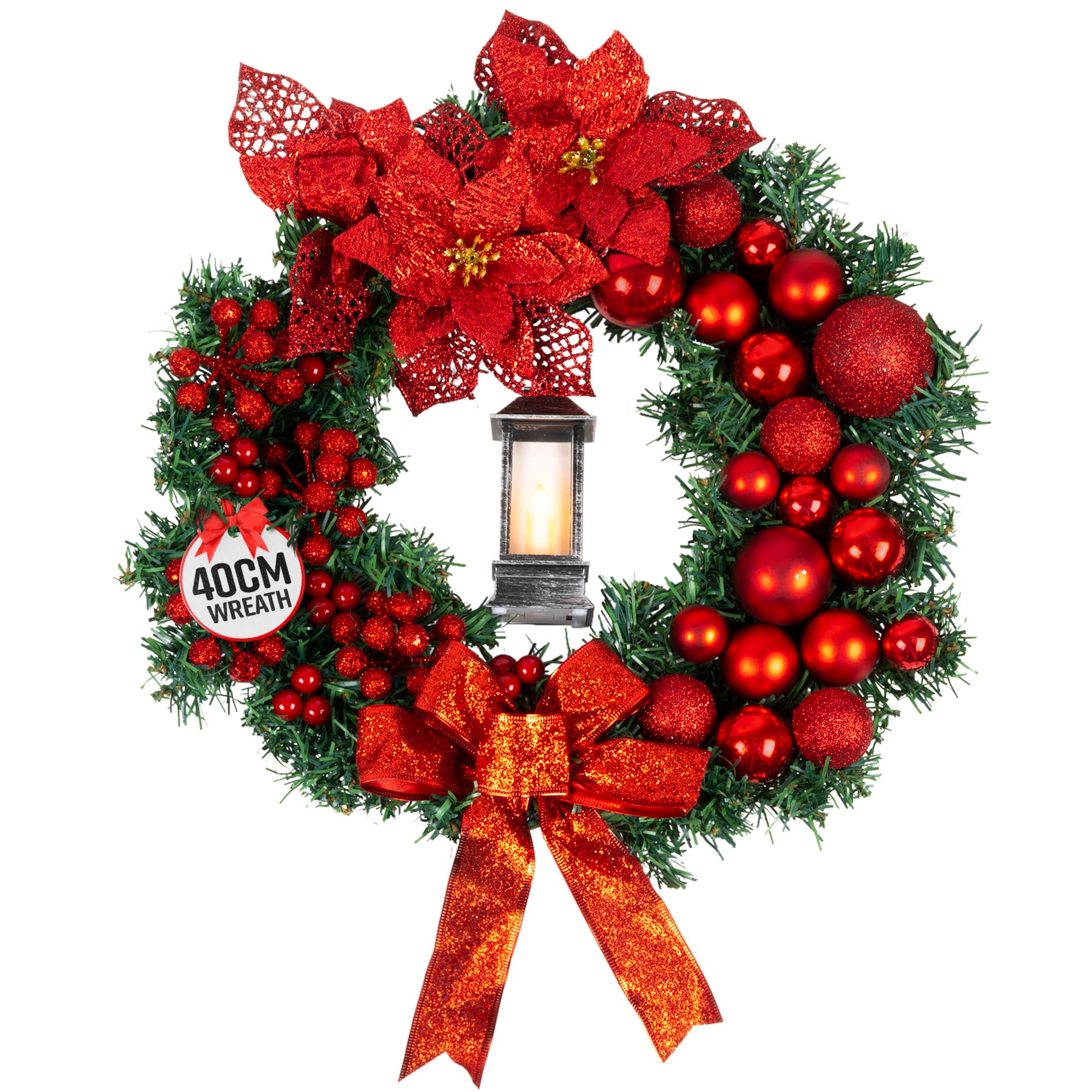 Globrite Red 40Cm Christmas Wreath With Bows, Baubles & Lantern | Wreaths For Front Door | Door Wreaths Home Decor Christmas Decorations For Outdoor Decorations