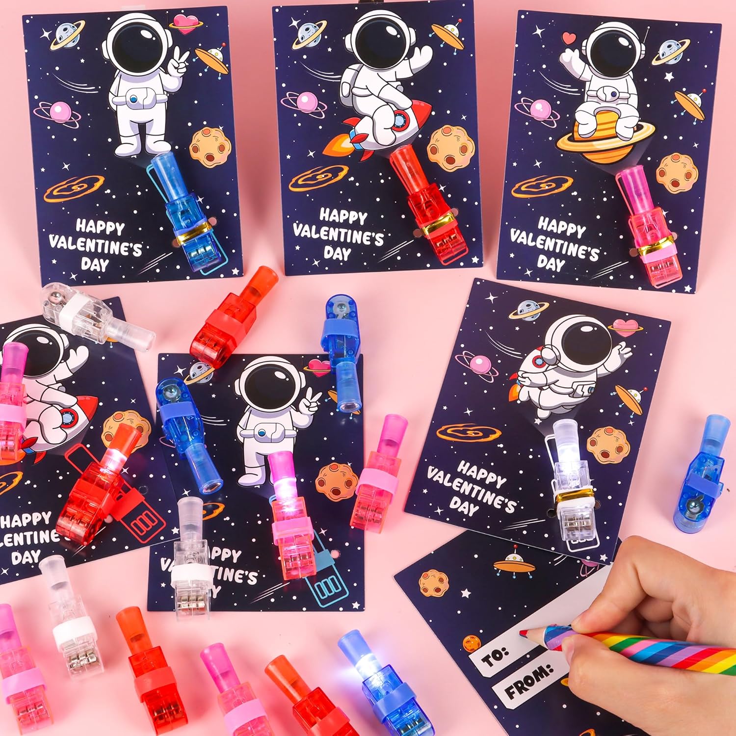 28 Pack Valentines Day Classroom Gifts for Kids - Valentines Day Cards with Space Astronaut Theme LED Finger Lights, Valentines Party Favors School Class Exchange Prizes for Boys Girls