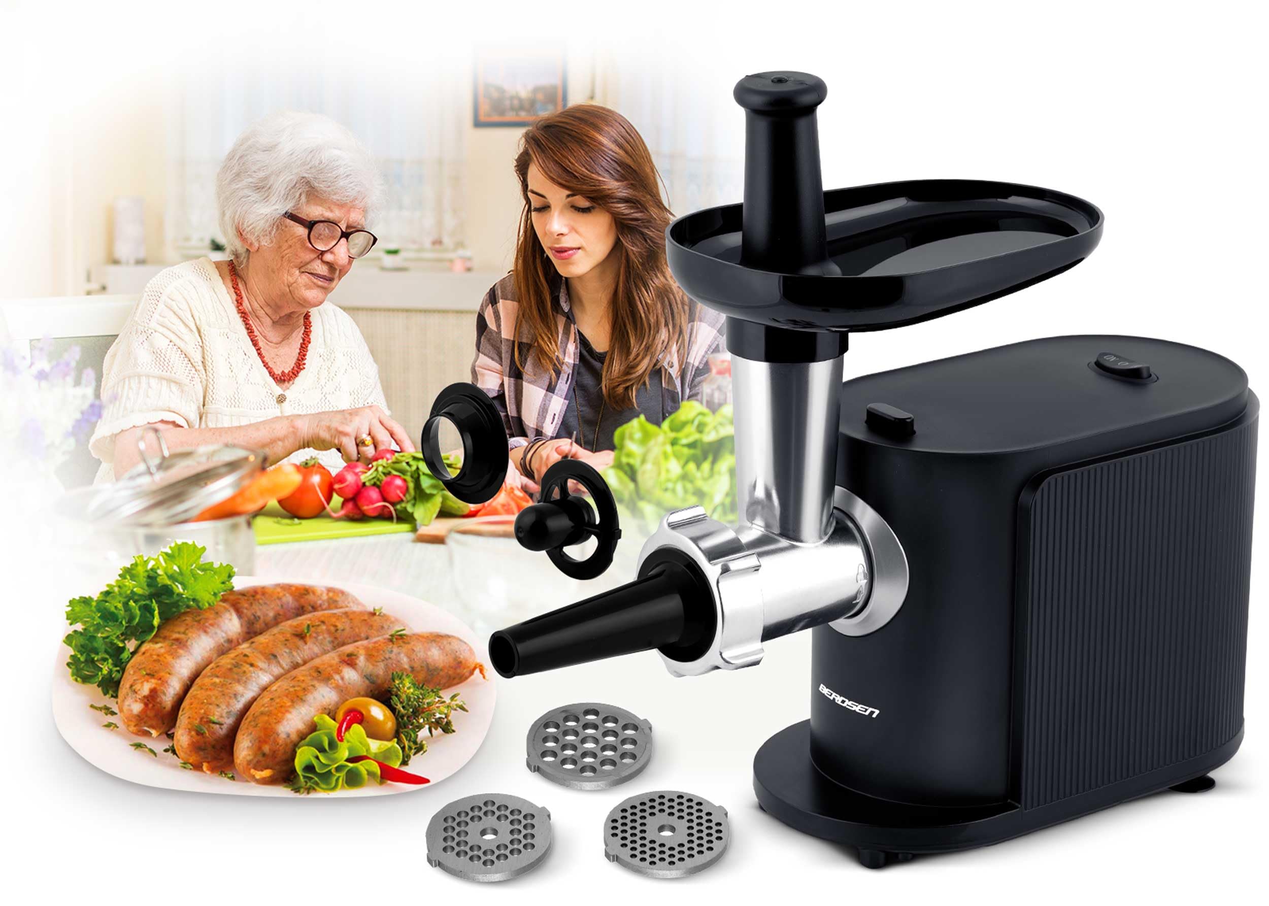 Berdsen - Picadora de carne eléctrica con accesorios para salchichas (300/800 W), color negro