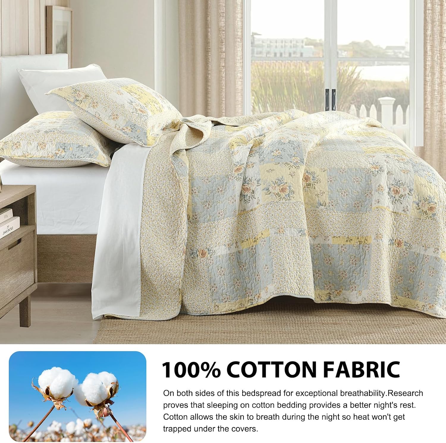 DDUOXIN Oversized Queen Quilt (102"x120") - 100% Cotton Reversible Quilted Bedspread with 2 Pillow Shams, Farmhouse Floral Lightweight Bedspreads Coverlet Sets, Yellow/Cream White