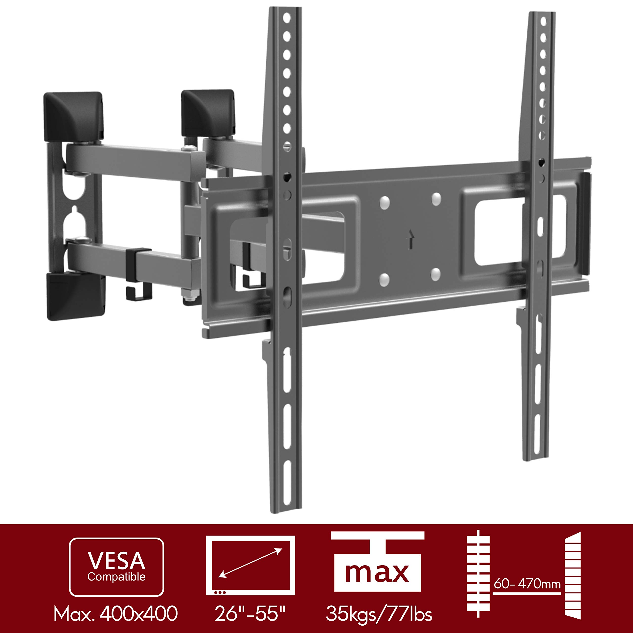 Supporto da parete per TV, girevole e inclinabile, montaggio ad angolo, montaggio a nicchia - VESA fino a max.400 x 400 per 26-55 pollici, estendibile fino a max.47 cm