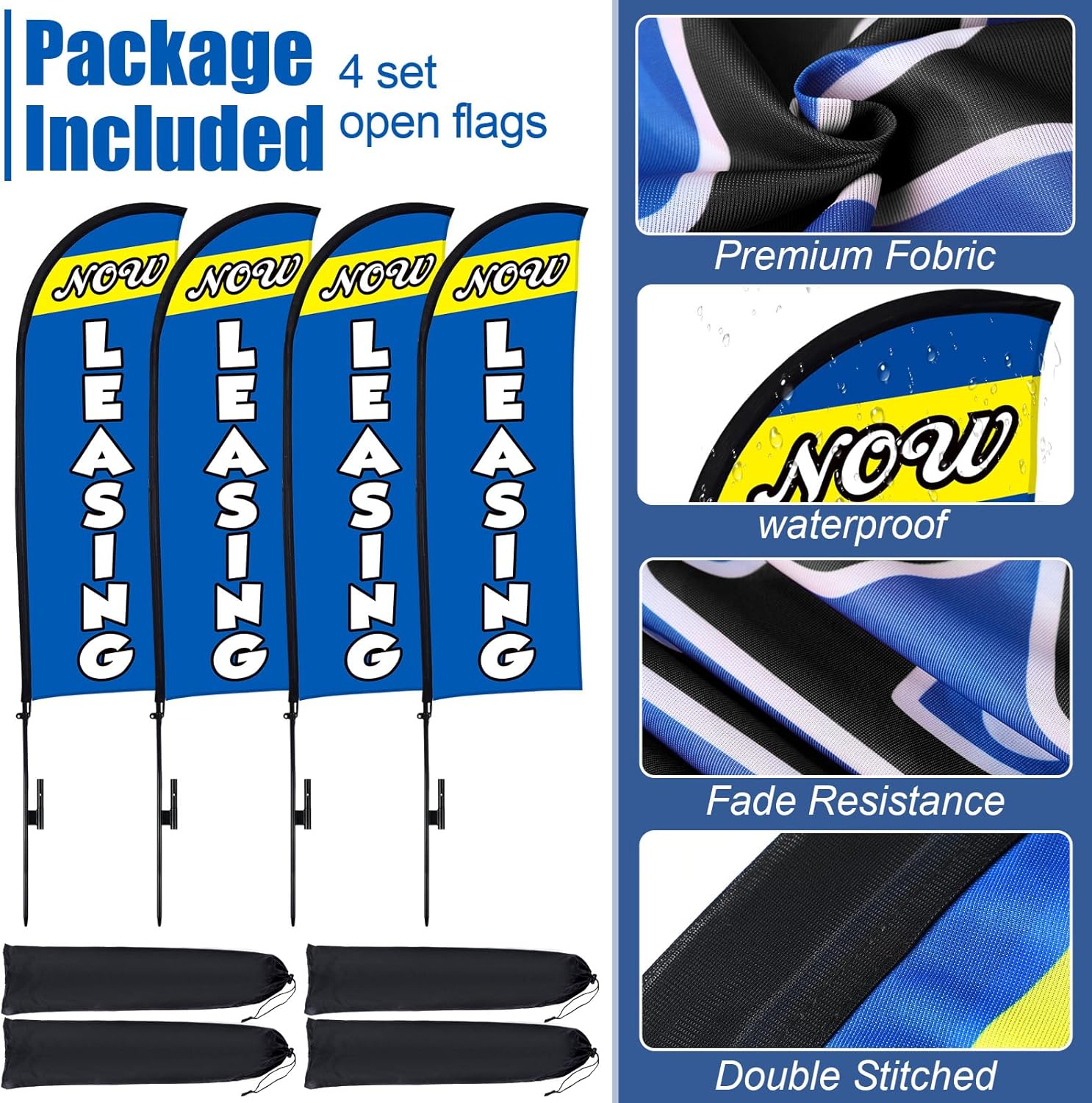 Buryeah 4 Sets 15ft Now Leasing Flags Banners for Advertising with Flagpole Ground Stake Portable Bag Feather Now Leasing Signs Banner for Business Advertising (Blue)