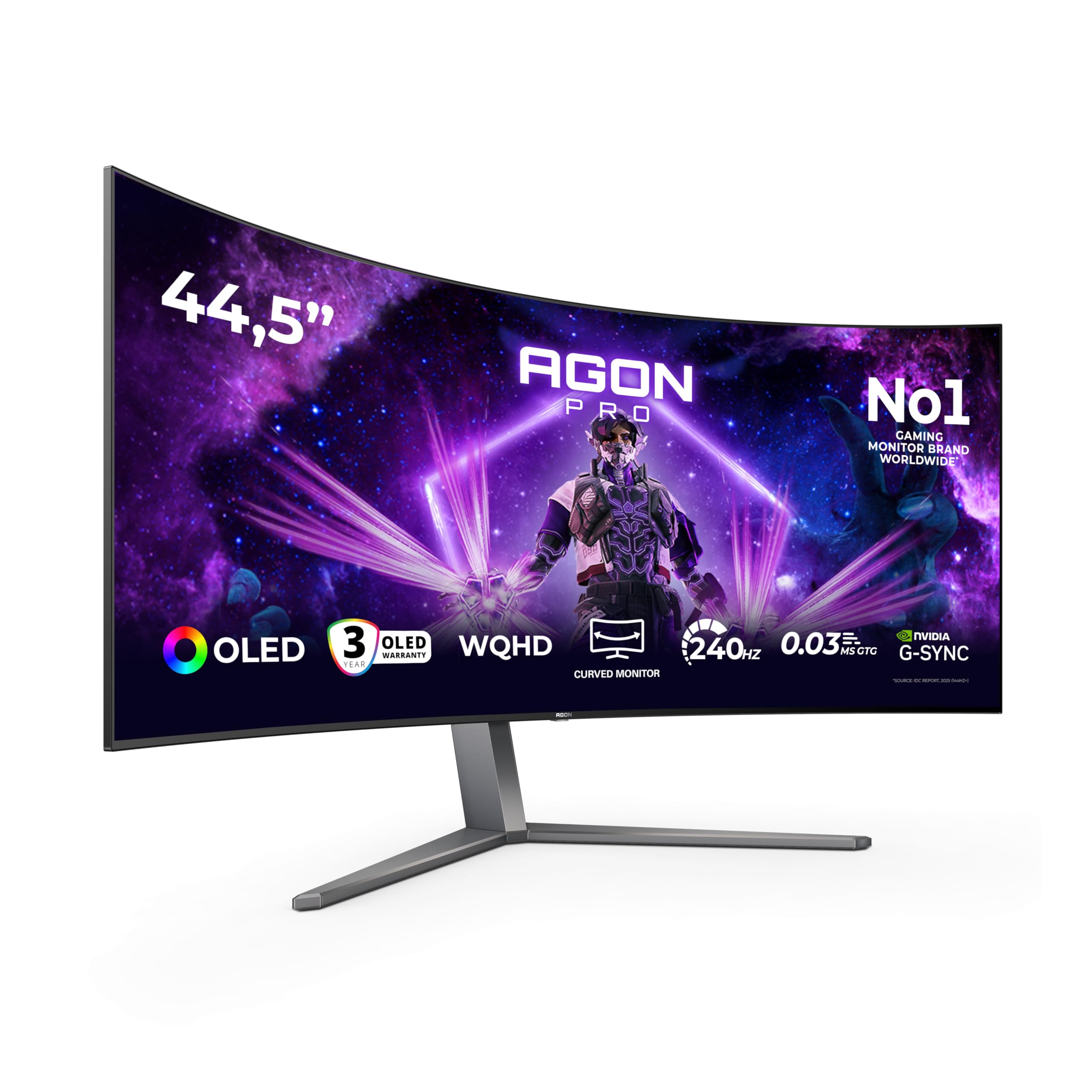 AOC Agon Pro AG456UCZD Monitor da gioco curvo OLED WQHD 45 pollici, 240 Hz, 0.03 ms GtG, HDR10, FreeSync Prem. Pro, G-​Sync comp. 3440x1440, HDMI 2.0, DisplayPort 1.4, USB-​C 90 W PD, Hub USB nero