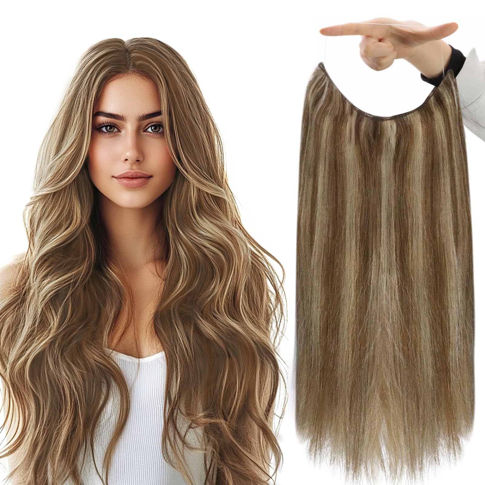 Fshine Wire Hair Extensions Medium Brown Highlight Honey Blonde Soft Fish Line Hair Extensions 18 Inch Clip in One Piece Hair Extension 80G Remy Human Hair Layered Hairpiece Add Length
