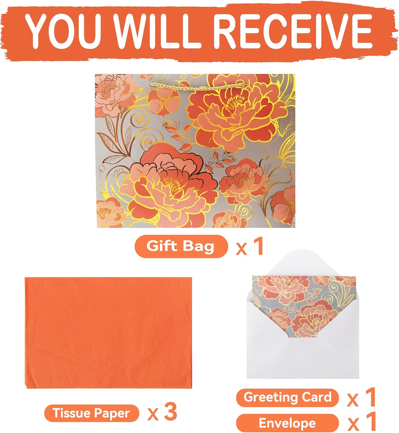 13" Large Rose Gold Gift Bag Set with Greeting Card and Orange Tissue Paper for celebrating birthdays,Mother's Day,Christmas,weddings,anniversaries,and more-13"x10.1"x5.2",1 Pcs.