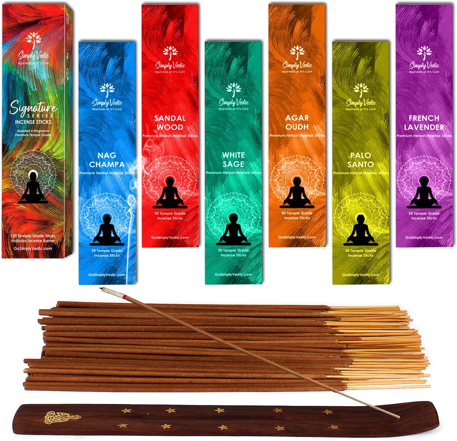 Simply VedicSignature Incense Sticks Gift Set | 120 Natural Hand-Rolled Non-Toxic Agarbatti with Holder | Sandalwood, Nag Champa, Oudh, Palo Santo, Lavender, Sage | Aromatherapy Meditation Pooja Home