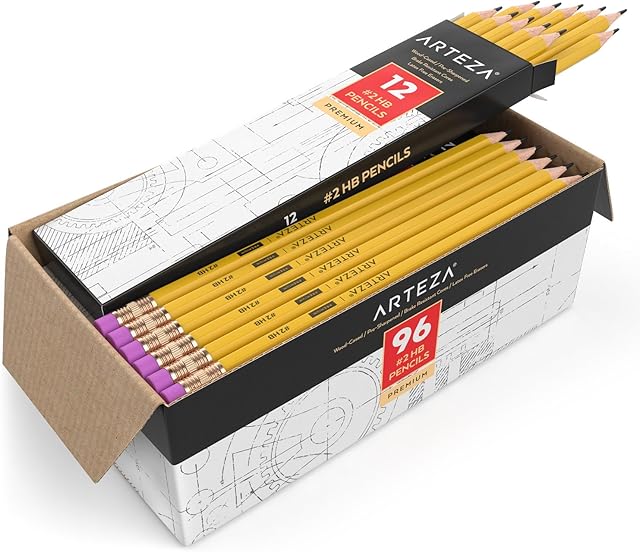 ARTEZA 2 HB Pencils with Rubbers, Bulk Pack of 96, Pre-Sharpened with Latex Free Rubbers, for School, Office, Writing, Drawing and Sketching