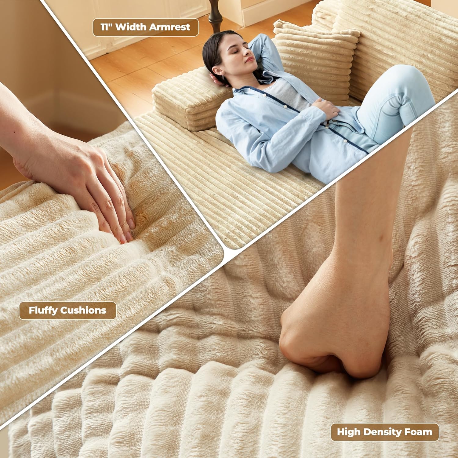 Oversized Chaise Lounge Sofa Indoor - 80" Cloud Sectional Couch Sofa Bed,Luxury Deep Seat Plush Corduroy Lounge Chair Sleeper Sofa for Living Room Bedroom (Beige,2PCS)