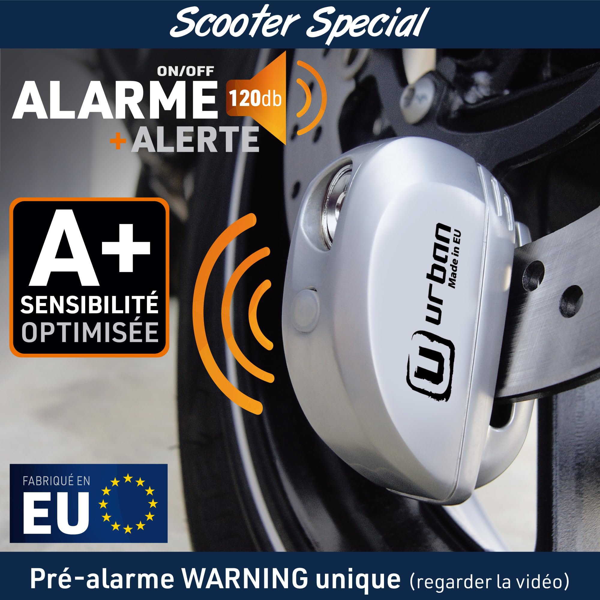URBAN UR22 Antivol Bloque Disque avec Alarme + Avertissement 120dBA, 6 mm, fabriqué dans l'UE, Universel pour Vélo, Moto, Scooter, Acier INOX, métallique