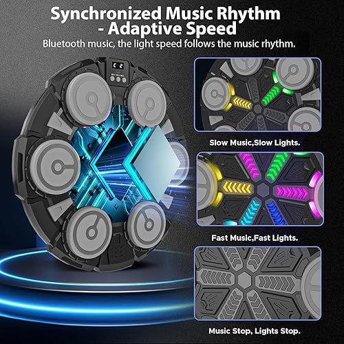 Miniatura 5 de Máquina de Boxeo con Música para Niños y Adultos, Almohadilla de Boxeo Montada en la Pared con Bluetooth y Guantes, Luces de Ritmo y Equipo
