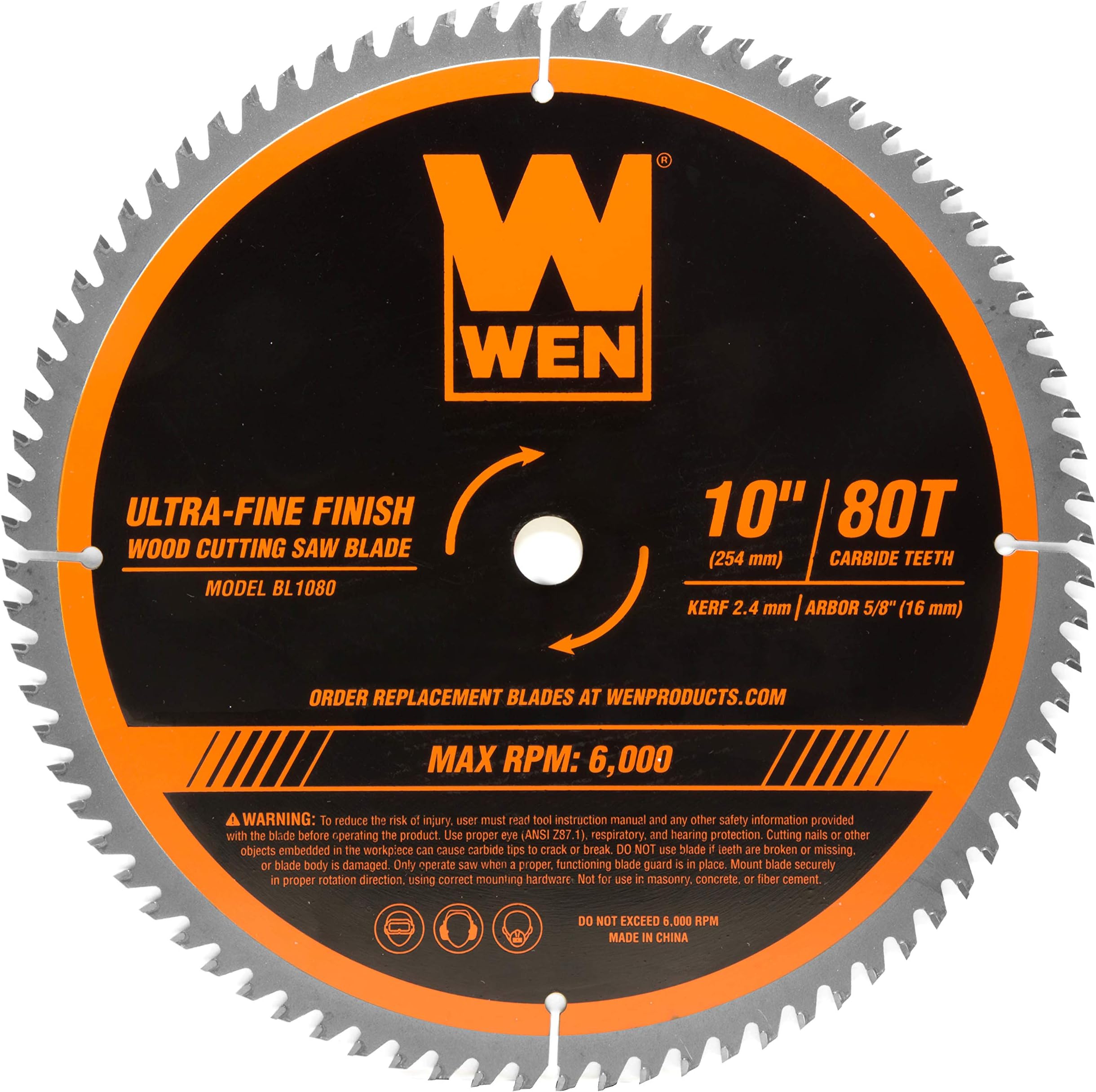 WEN BL1080 10-Inch 80-Tooth Carbide-Tipped Ultra-Fine Finish Professional Woodworking Saw Blade for Miter Saws and Table Saws