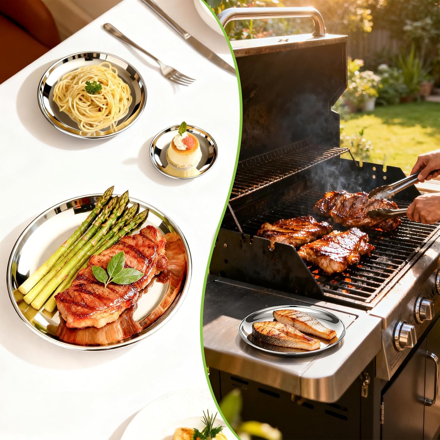 Metal Dinner Plate, 10 Pack 10.2 inch Large 201 Stainless Steel Plates, Reusable Salad Pizza Food Snack Serving Dishes Round Mirror Finish Shiny Shatterproof Silver Dinnerware Oven Safe