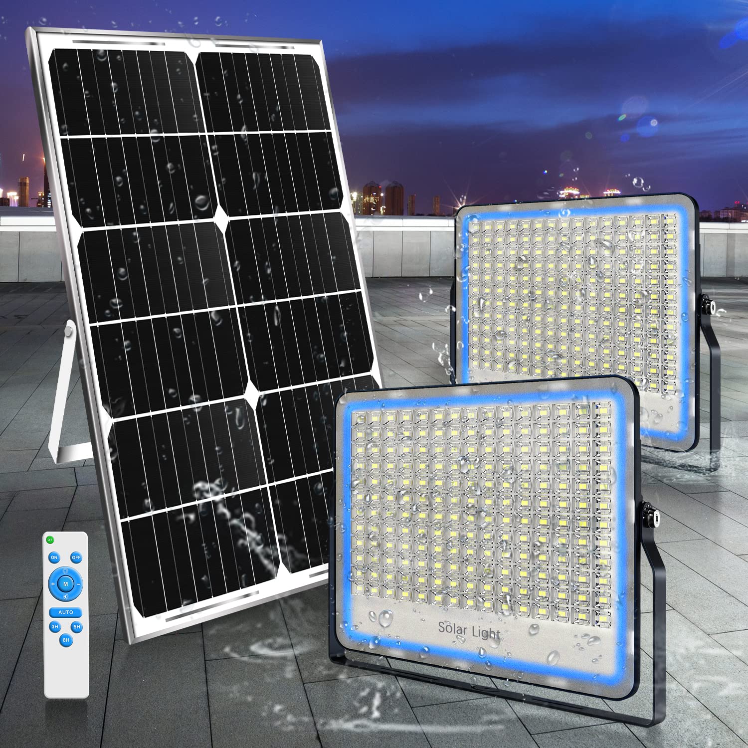 Gebosun 2-Pack 300W LED Solar Flood Light, Remote Controlled, Dusk to Dawn, 24,000Lumen, 6000K, IP67 Waterproof, Wall-Mounted & Pole-Mounted, Perfect for Barn, Warehouse, Backyard and Garden