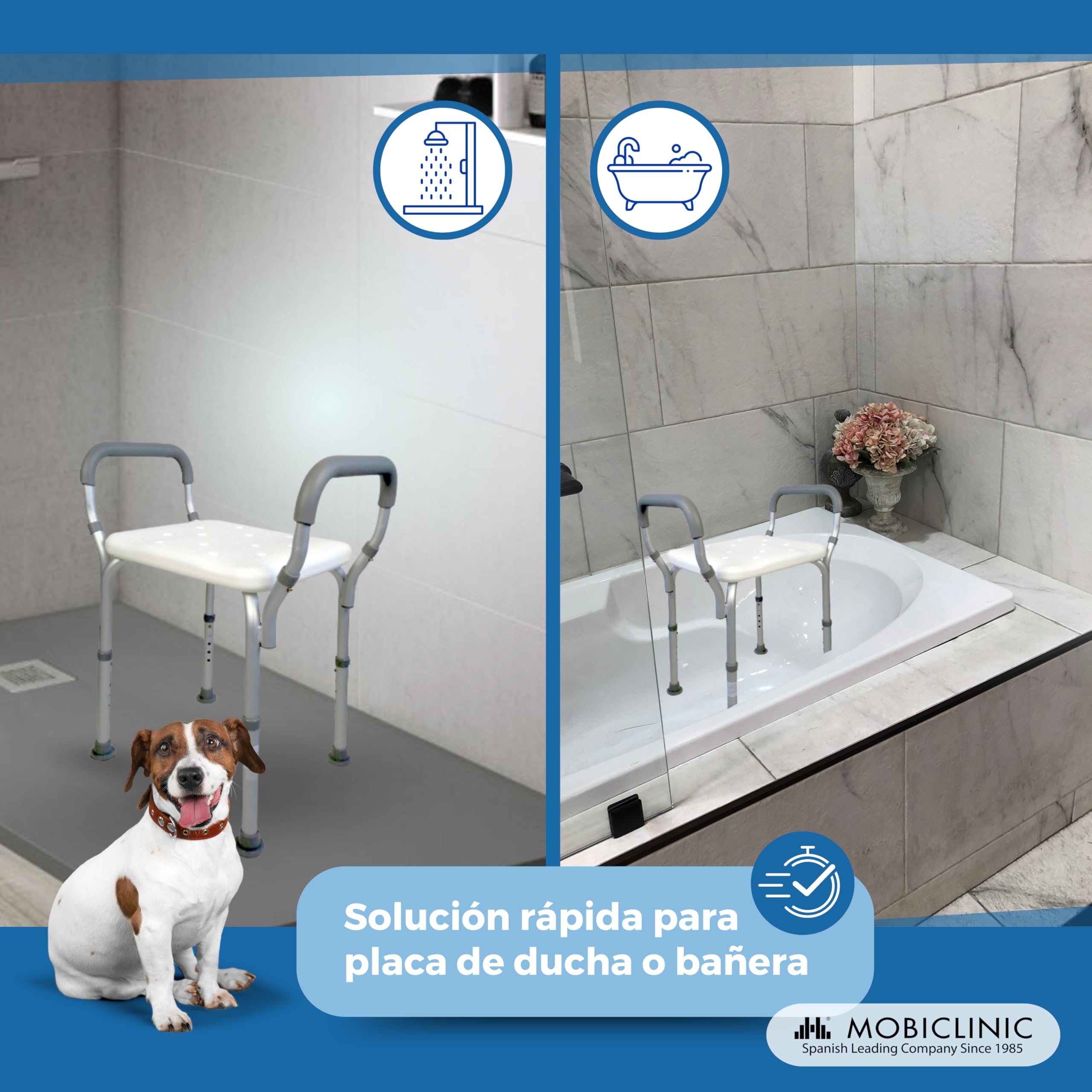 Mobiclinic®, Silla Ducha, Altura Regulable, Acueducto, Taburete Baño, Conteras Antideslizantes, con Reposabrazos, MAX. 100 kg, Aluminio, Blanco