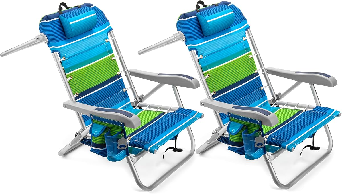 Cooler+ Mochila plegable para silla de playa con 5 posiciones, barra para toallas, bolsa térmica XL, red de almacenamiento, soporte para taza y teléfono, mar profundo, paquete de 2