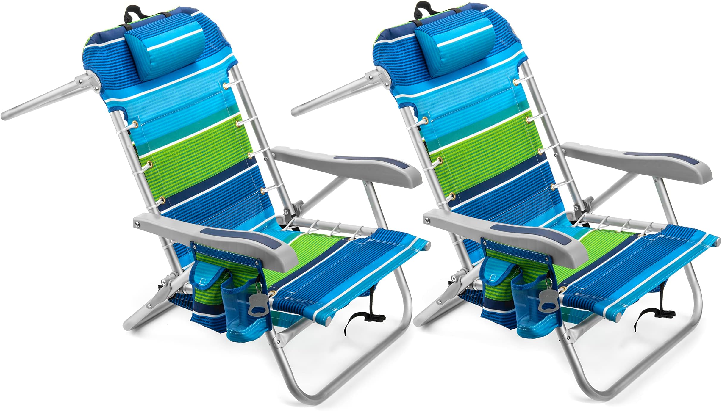 - Homevative Cooler+ Folding Backpack Beach Chair with 5 Positions, Towel bar, XL Cooler Pouch, Storage Net, Cup and Phone Holder, Deep Sea, 2 Pack