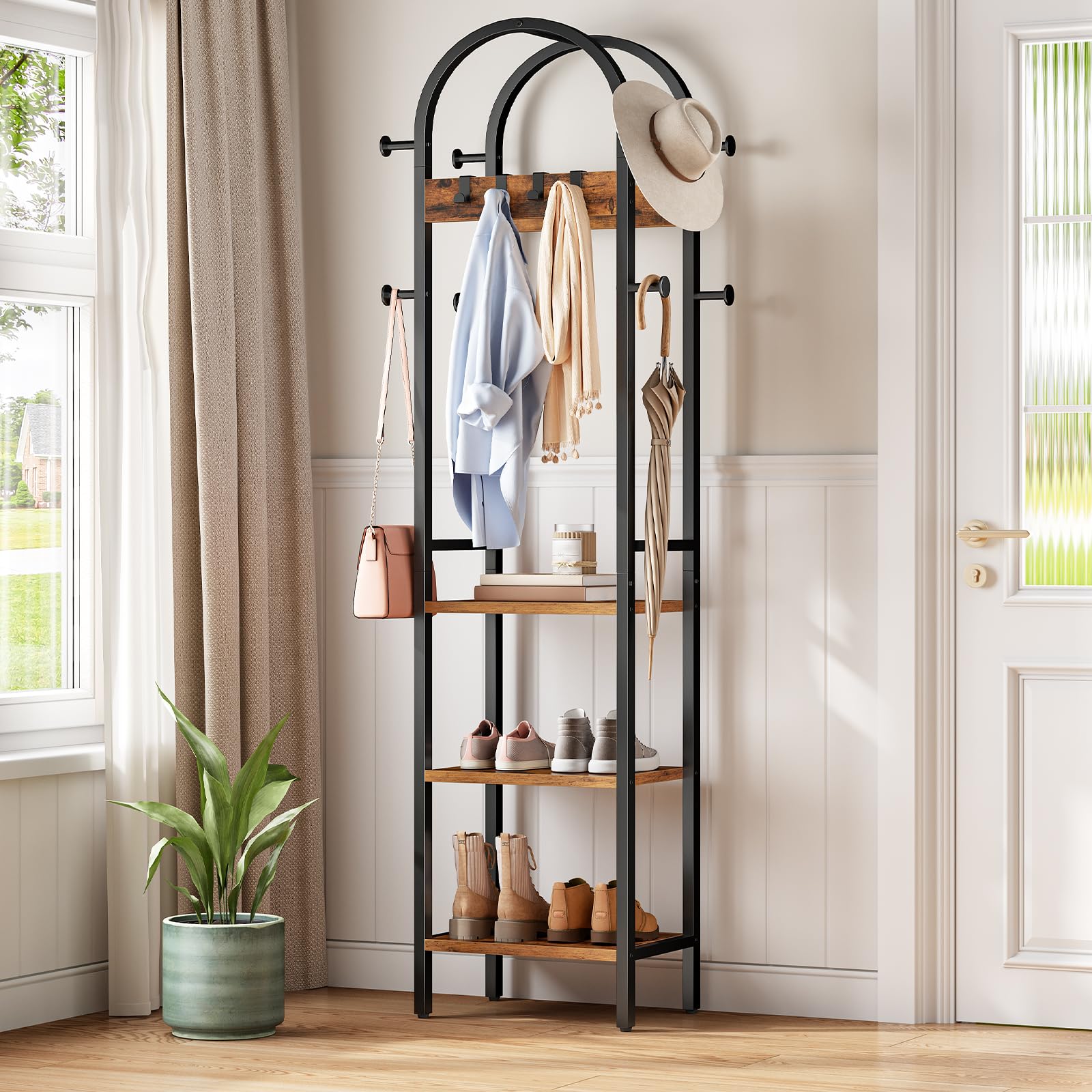 HOOBRO Perchero de Pie con 12 Ganchos y 3 Estantes de Almacenamiento, para Ropa, Sombreros, Bolsos y Accesorios, Entrada, Sala de Estar, Dormitorio, Marrón Rústico y Negro EBF40YM01